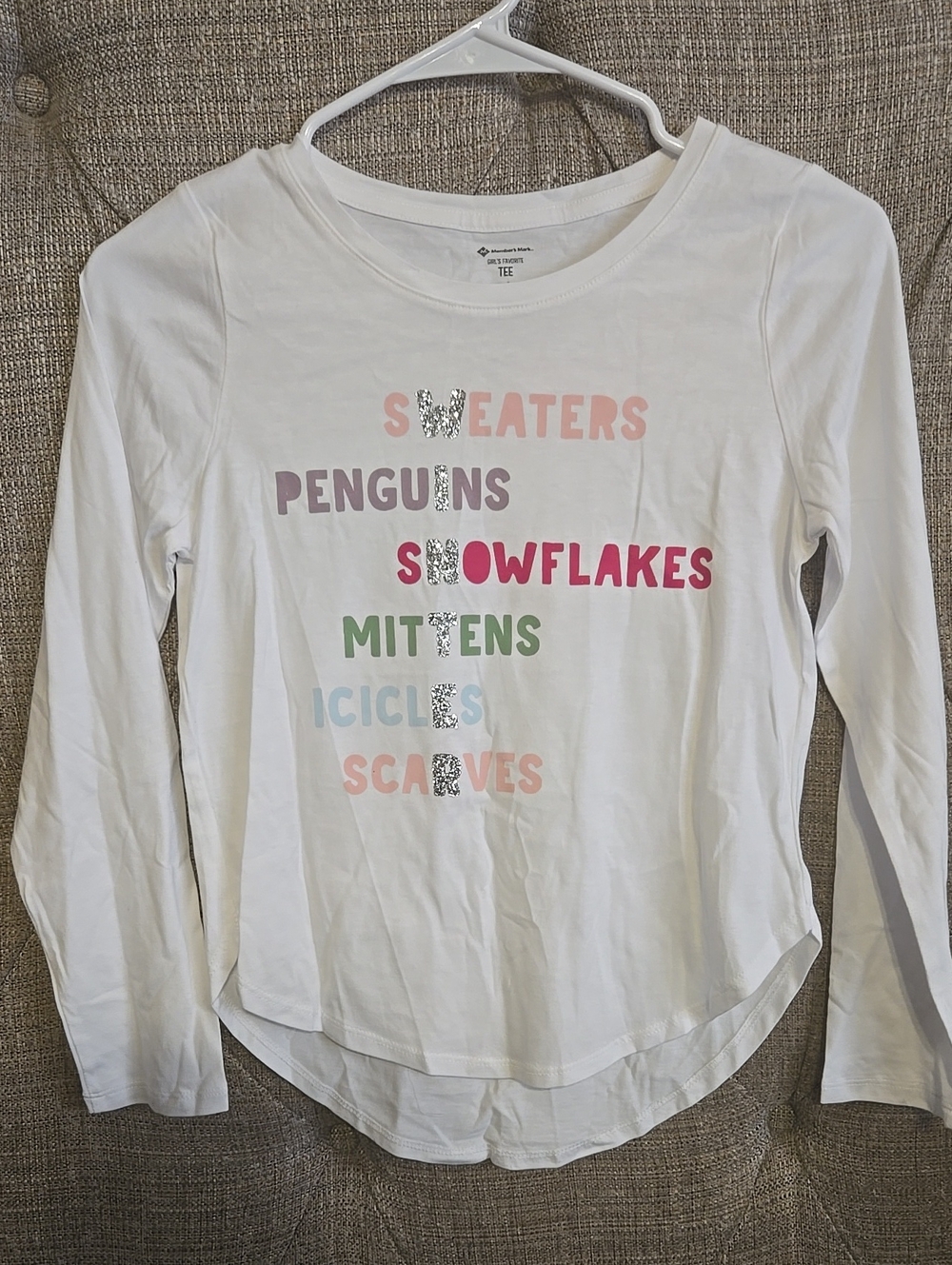 Girls' 10/12  White Long-Sleeve Holiday Graphic Tee